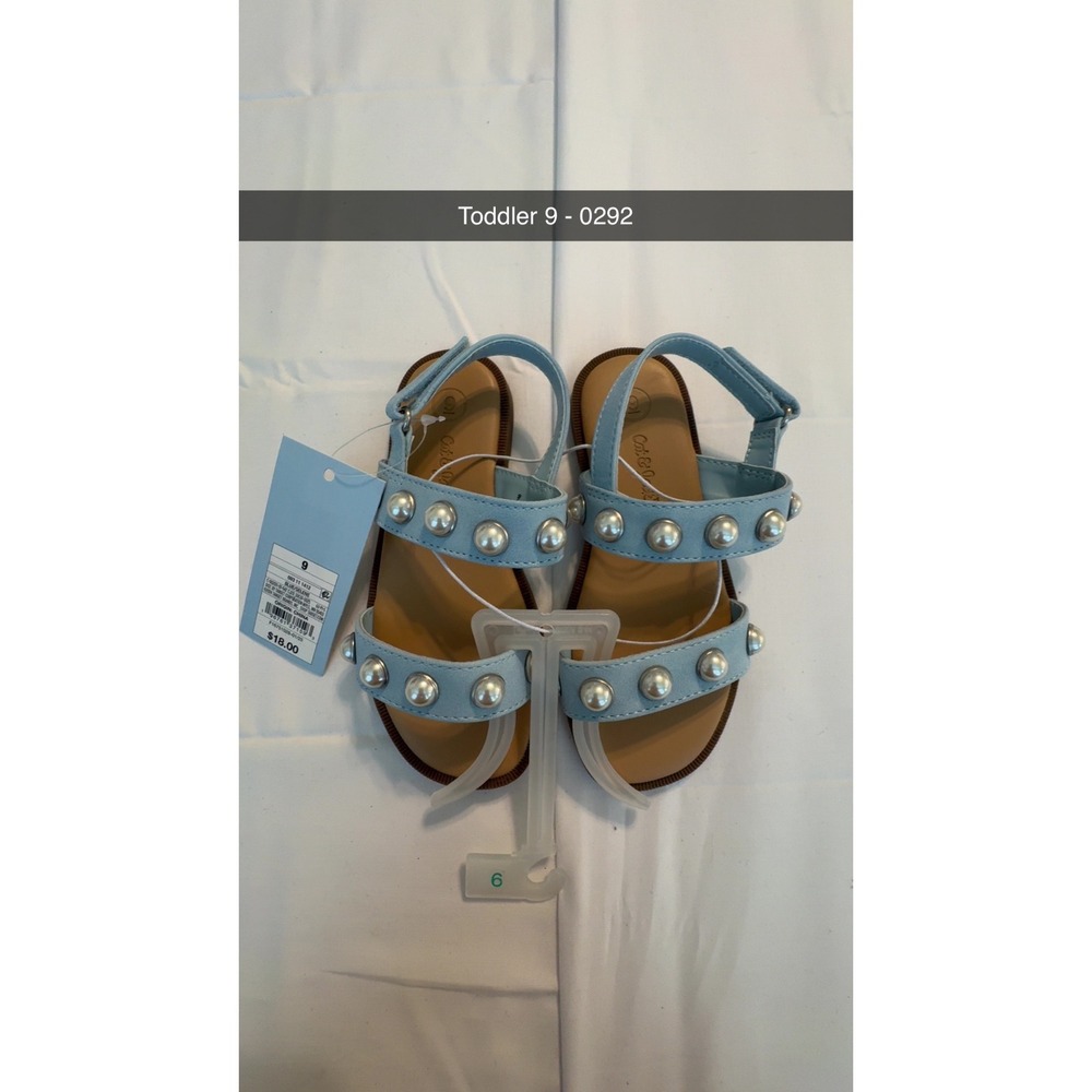 Cat & Jack Toddler Girls Blue Pearl Embellished Sandals Size 9 Hook & Loop Blue